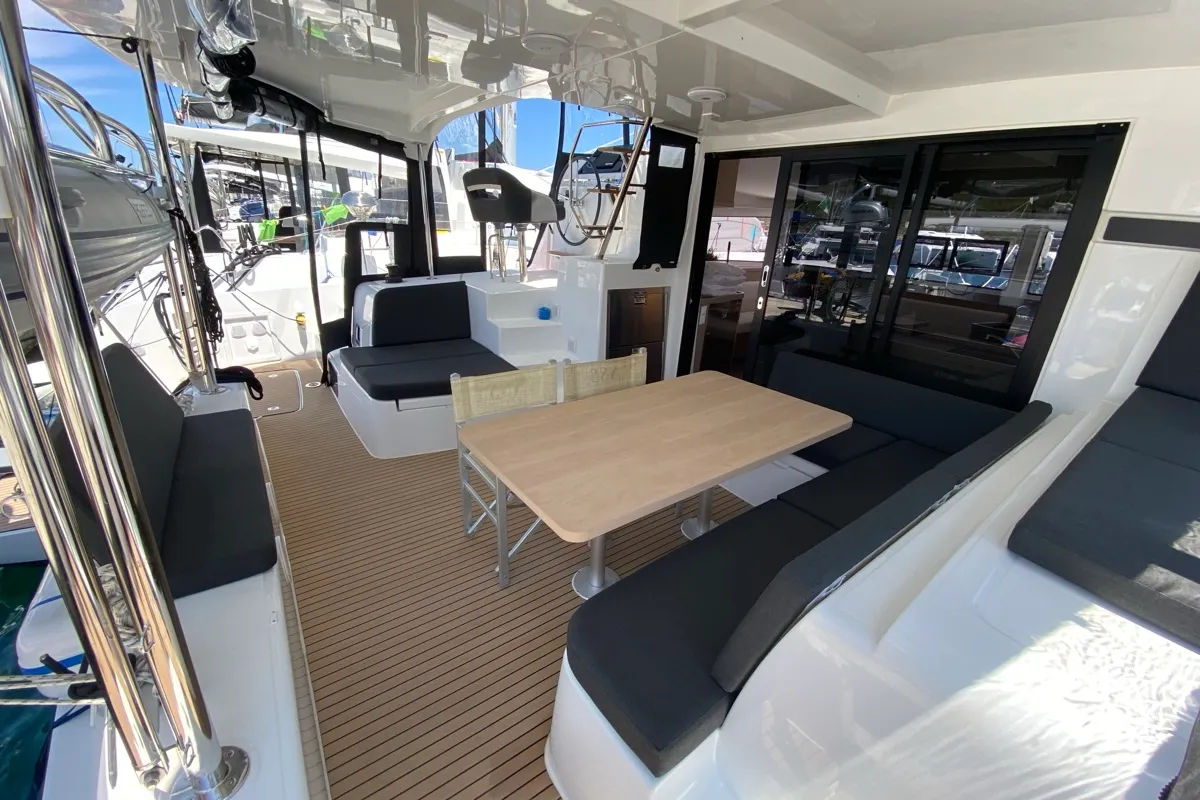 Deck of Bollicina, a Lagoon 42 catamaran at Olbia, Italy