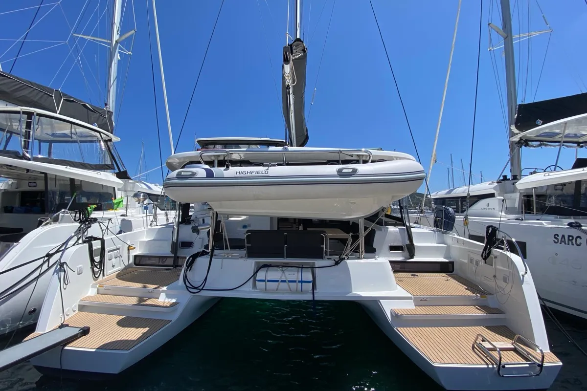 Exterior view of Bollicina, a Lagoon 42 catamaran at Olbia, Italy