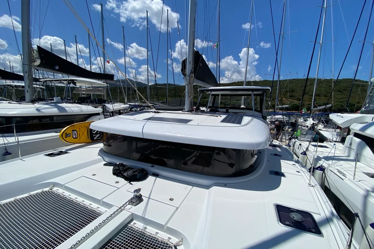 Deck of Bollicina, a Lagoon 42 catamaran at Olbia, Italy
