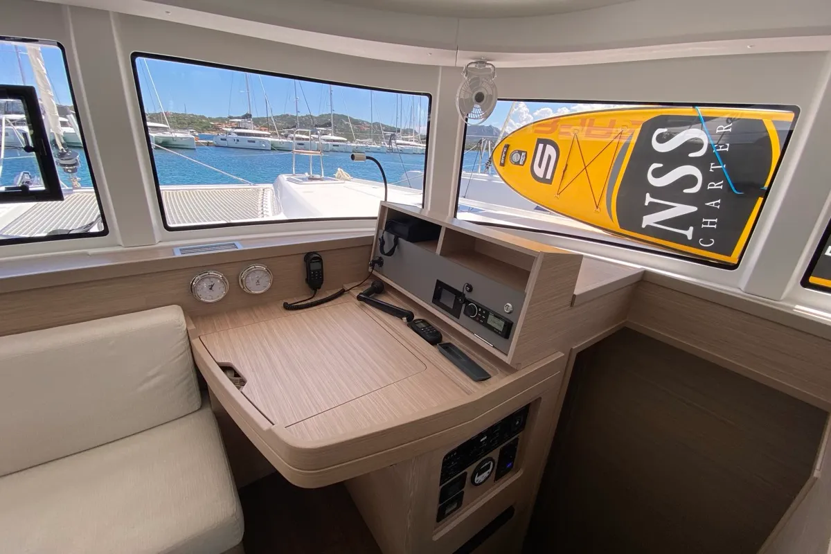 Cockpit of Bollicina, a Lagoon 42 catamaran at Olbia, Italy