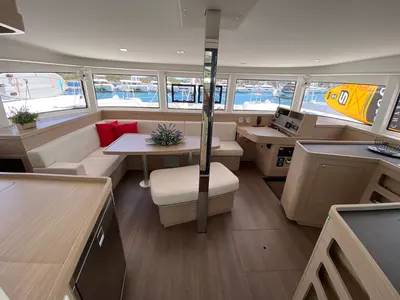 Salon of Bollicina, a Lagoon 42 catamaran at Olbia, Italy