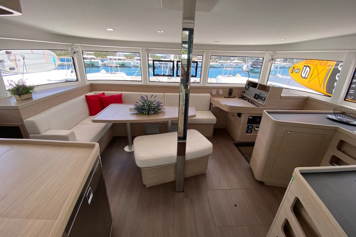 Salon of Bollicina, a Lagoon 42 catamaran at Olbia, Italy