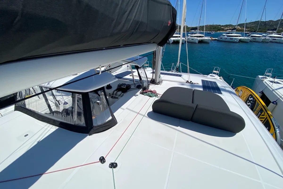 Deck of Bollicina, a Lagoon 42 catamaran at Olbia, Italy