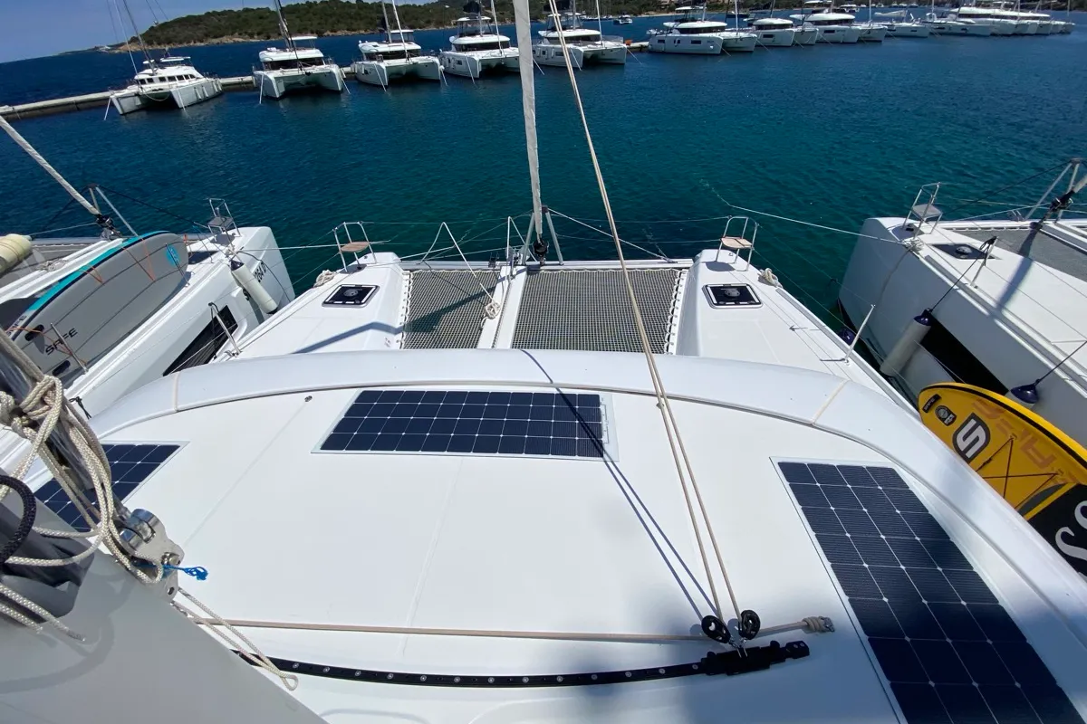 Deck of Bollicina, a Lagoon 42 catamaran at Olbia, Italy