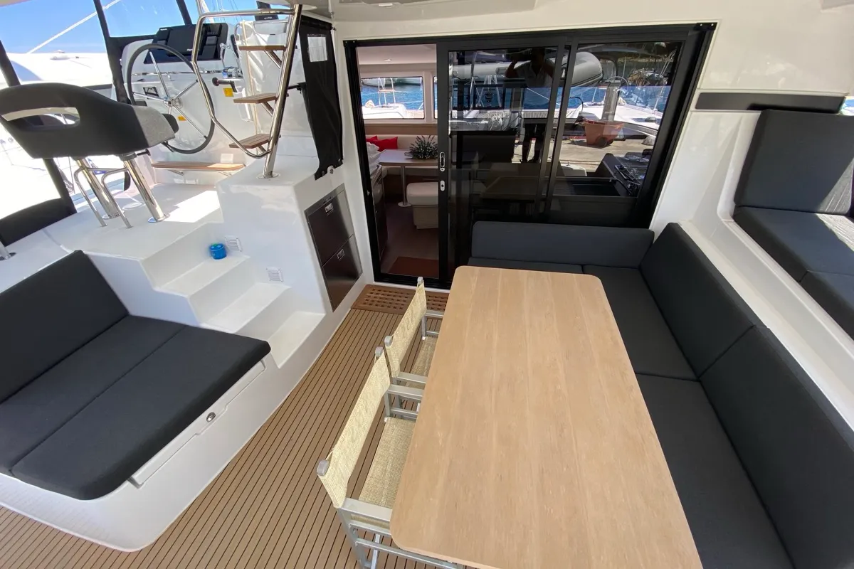 Deck of Bollicina, a Lagoon 42 catamaran at Olbia, Italy