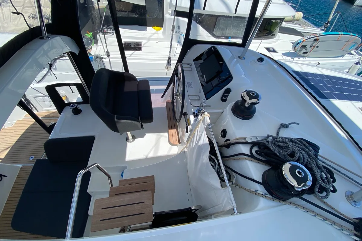 Cockpit of Bollicina, a Lagoon 42 catamaran at Olbia, Italy