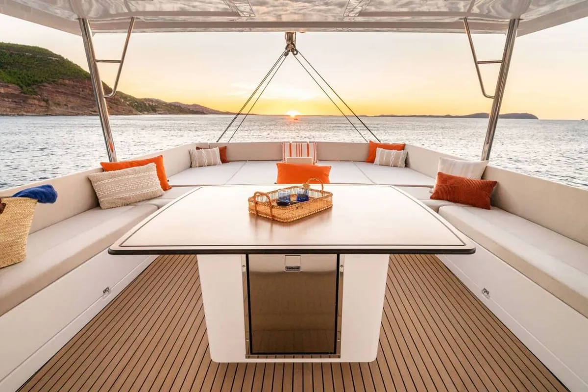 Deck of Bali Kai, a Bali 5.8 catamaran at Grad Kaštela, Croatia