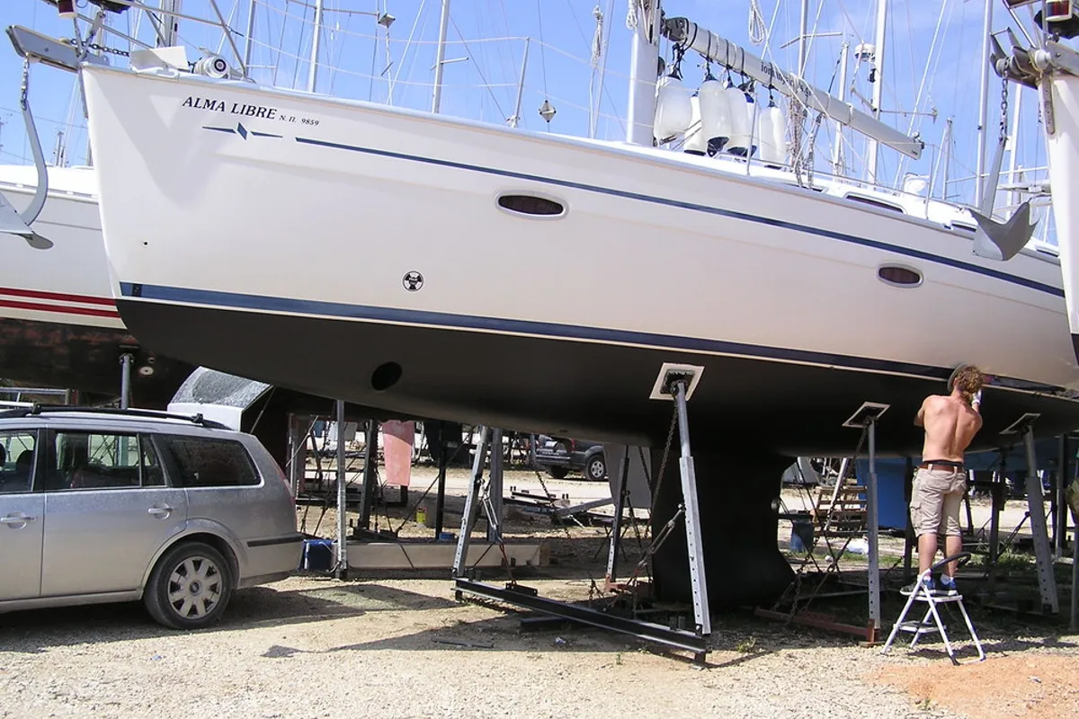 Exterior view of Alma Libre, a Bavaria 40 Cruiser sailboat at Municipal Unit of Lefkada, Greece