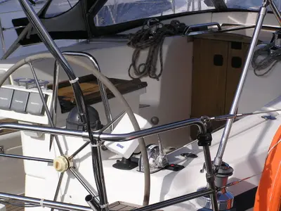 Cockpit of Alma Libre, a Bavaria 40 Cruiser sailboat at Municipal Unit of Lefkada, Greece