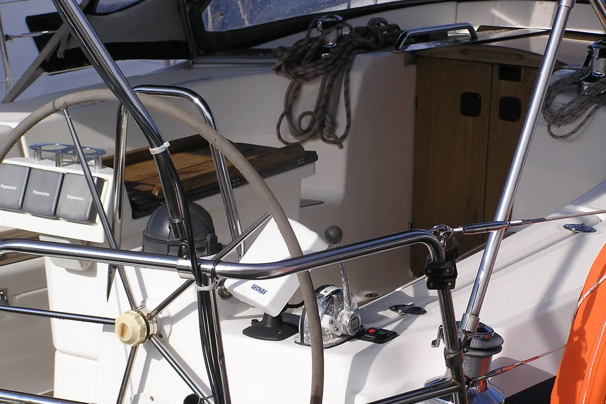 Cockpit of Alma Libre, a Bavaria 40 Cruiser sailboat at Municipal Unit of Lefkada, Greece