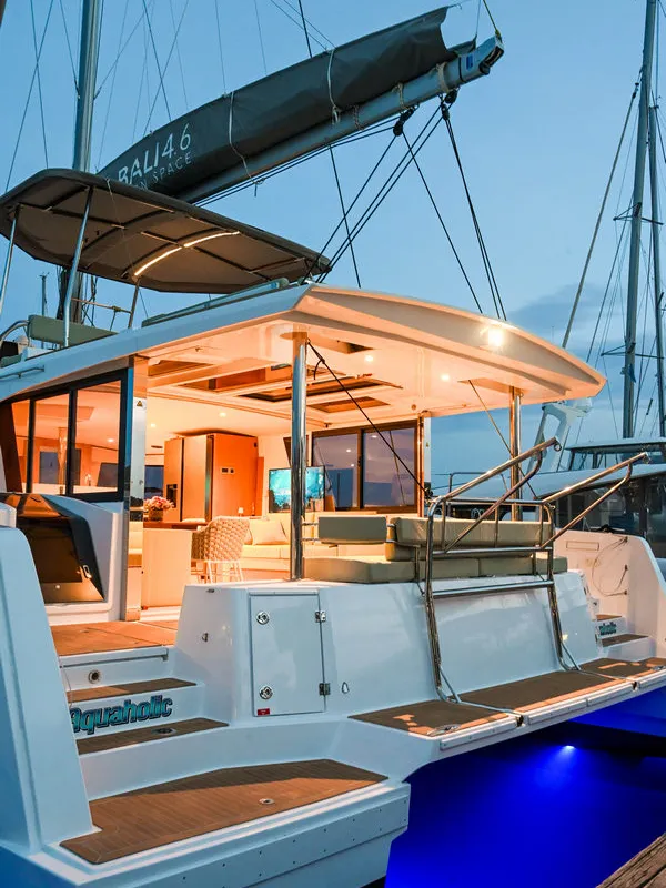 Exterior view of Aquaholic, a Bali 4.6 catamaran at Šibenik, Croatia
