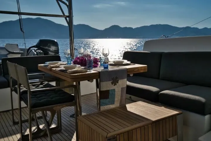 Deck of INVICTUS II, a Lagoon 50 catamaran at Municipal Unit of Rhodes, Greece