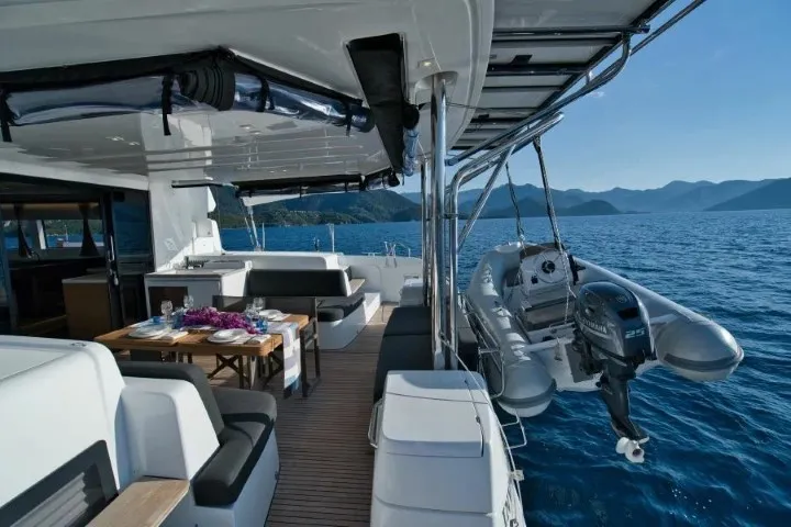 Deck of INVICTUS II, a Lagoon 50 catamaran at Municipal Unit of Rhodes, Greece