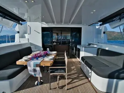 Deck of INVICTUS II, a Lagoon 50 catamaran at Municipal Unit of Rhodes, Greece