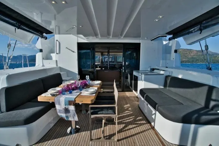 Deck of INVICTUS II, a Lagoon 50 catamaran at Municipal Unit of Rhodes, Greece