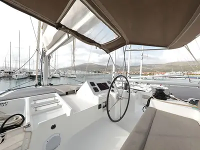 Cockpit of Lydia, a Lagoon 450 F catamaran at Grad Trogir, Croatia