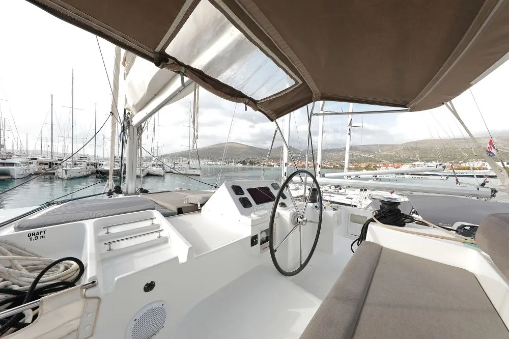 Cockpit of Lydia, a Lagoon 450 F catamaran at Grad Trogir, Croatia