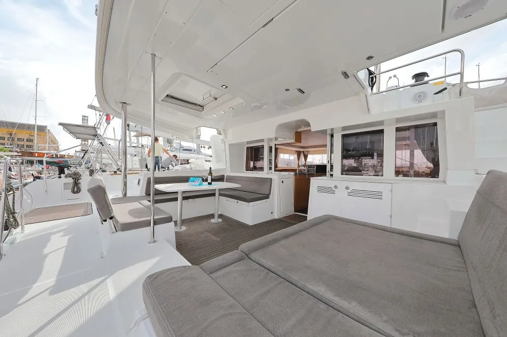 Deck of Lydia, a Lagoon 450 F catamaran at Grad Trogir, Croatia