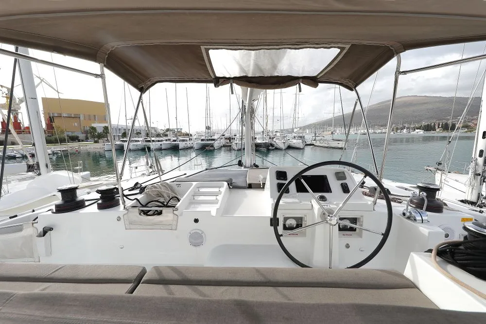 Cockpit of Lydia, a Lagoon 450 F catamaran at Grad Trogir, Croatia