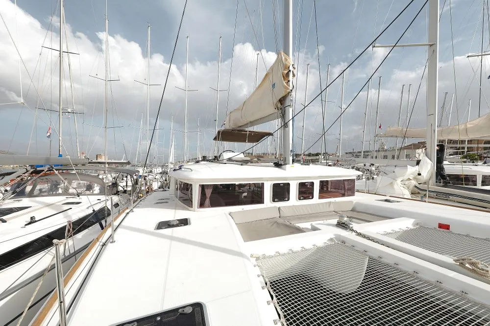 Deck of Lydia, a Lagoon 450 F catamaran at Grad Trogir, Croatia