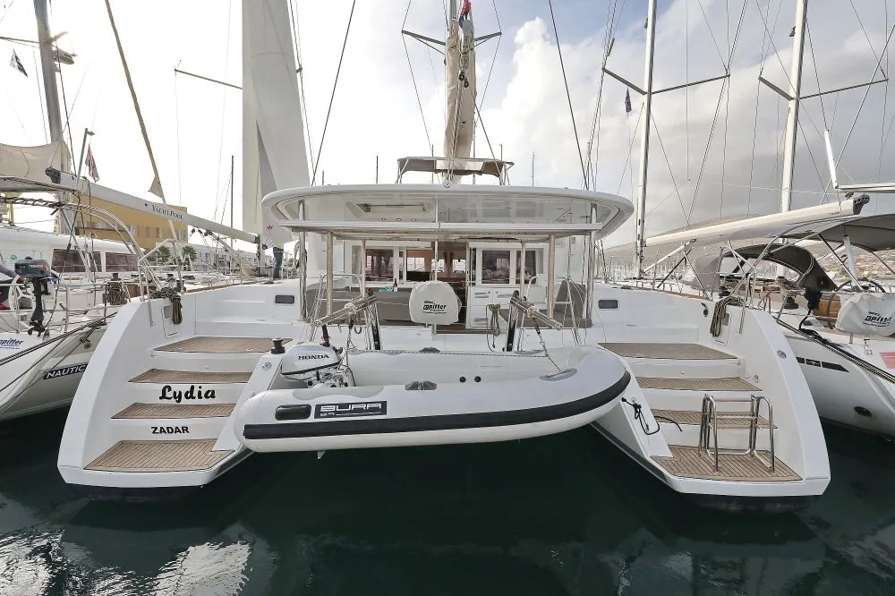 Exterior view of Lydia, a Lagoon 450 F catamaran at Grad Trogir, Croatia