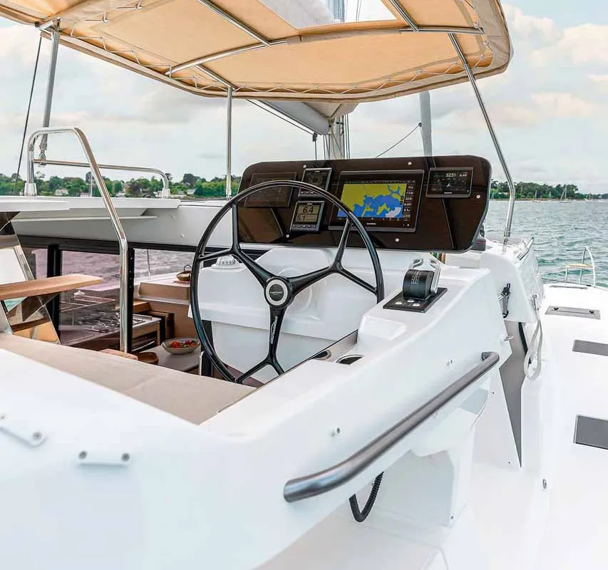 Cockpit of Auriga, a Fountaine Pajot FP 41 Quatuor 4 catamaran at Grad Biograd na Moru, Croatia