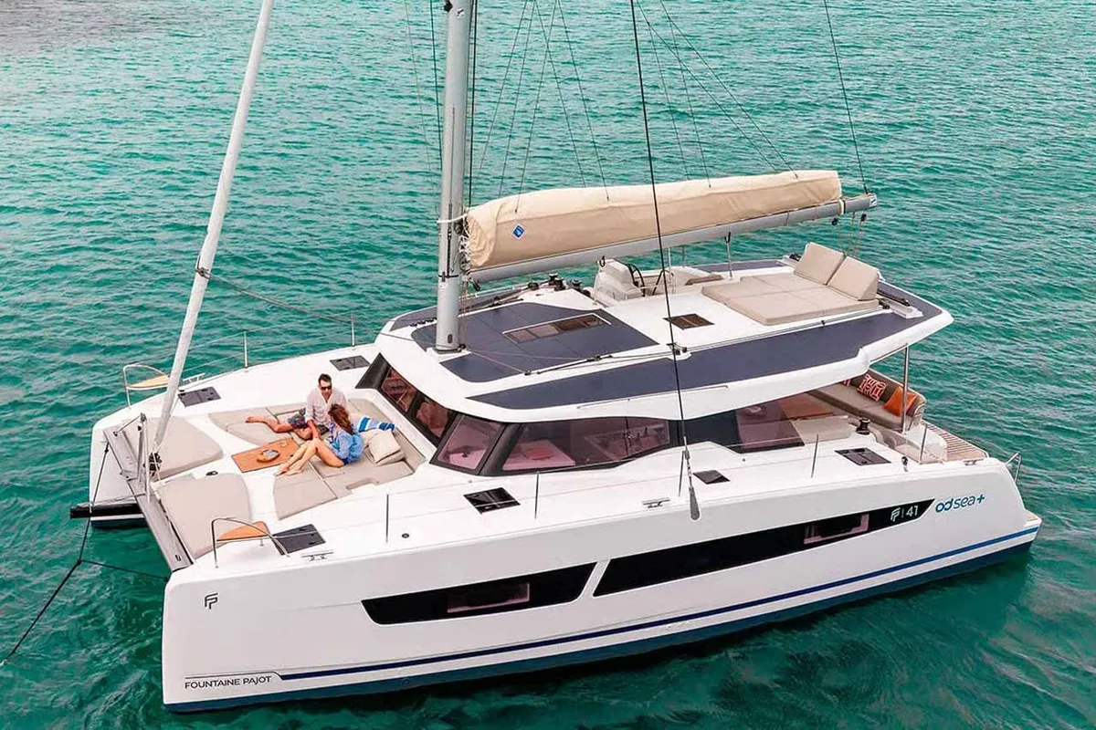 Exterior view of Auriga, a Fountaine Pajot FP 41 Quatuor 4 catamaran at Grad Biograd na Moru, Croatia