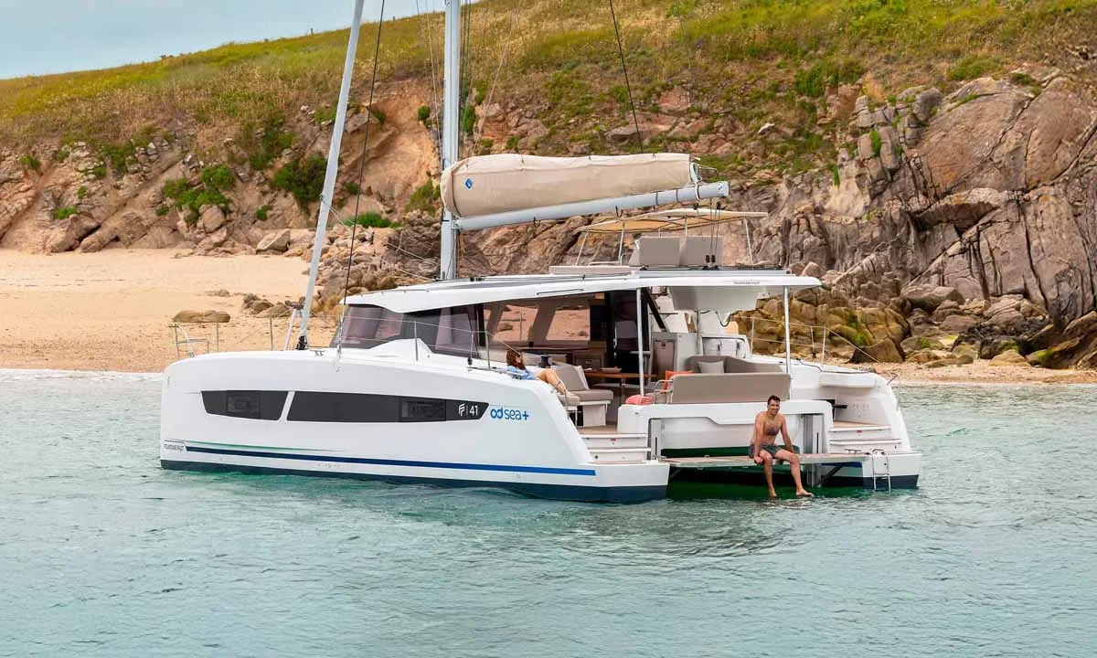 Exterior view of Auriga, a Fountaine Pajot FP 41 Quatuor 4 catamaran at Grad Biograd na Moru, Croatia