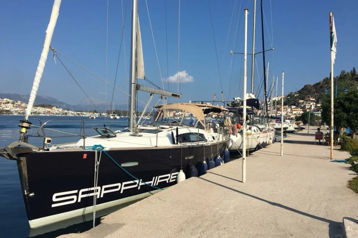 Exterior view of Sapphire, a Beneteau Oceanis 40 sailboat at Zakynthos Municipal Unit, Greece