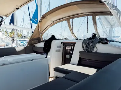 Deck of Nimertis, a Jeanneau Sun Odyssey 440 sailboat at Athens, Greece