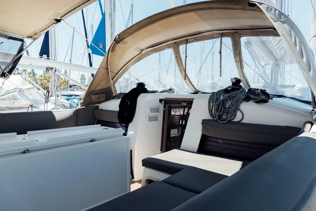 Deck of Nimertis, a Jeanneau Sun Odyssey 440 sailboat at Athens, Greece