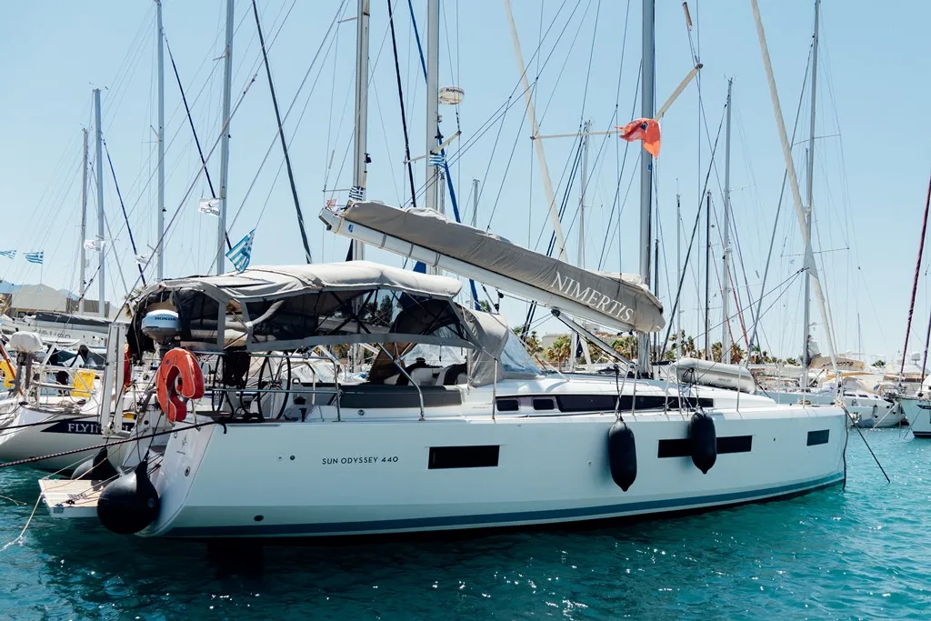 Exterior view of Nimertis, a Jeanneau Sun Odyssey 440 sailboat at Athens, Greece