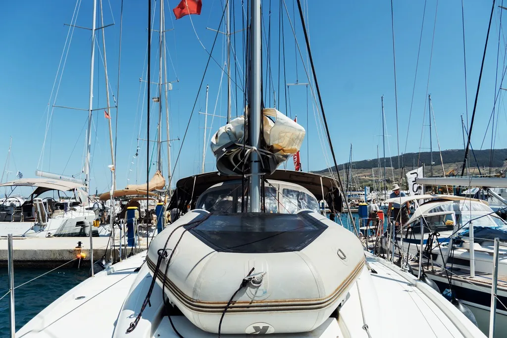 Deck of Nimertis, a Jeanneau Sun Odyssey 440 sailboat at Athens, Greece