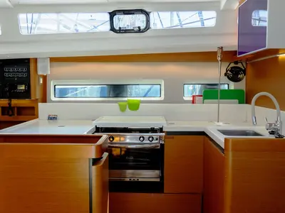 Galley of Nimertis, a Jeanneau Sun Odyssey 440 sailboat at Athens, Greece