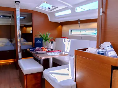 Salon of Nimertis, a Jeanneau Sun Odyssey 440 sailboat at Athens, Greece