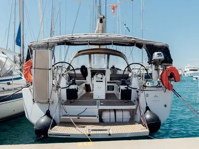 Cockpit of Nimertis, a Jeanneau Sun Odyssey 440 sailboat at Athens, Greece