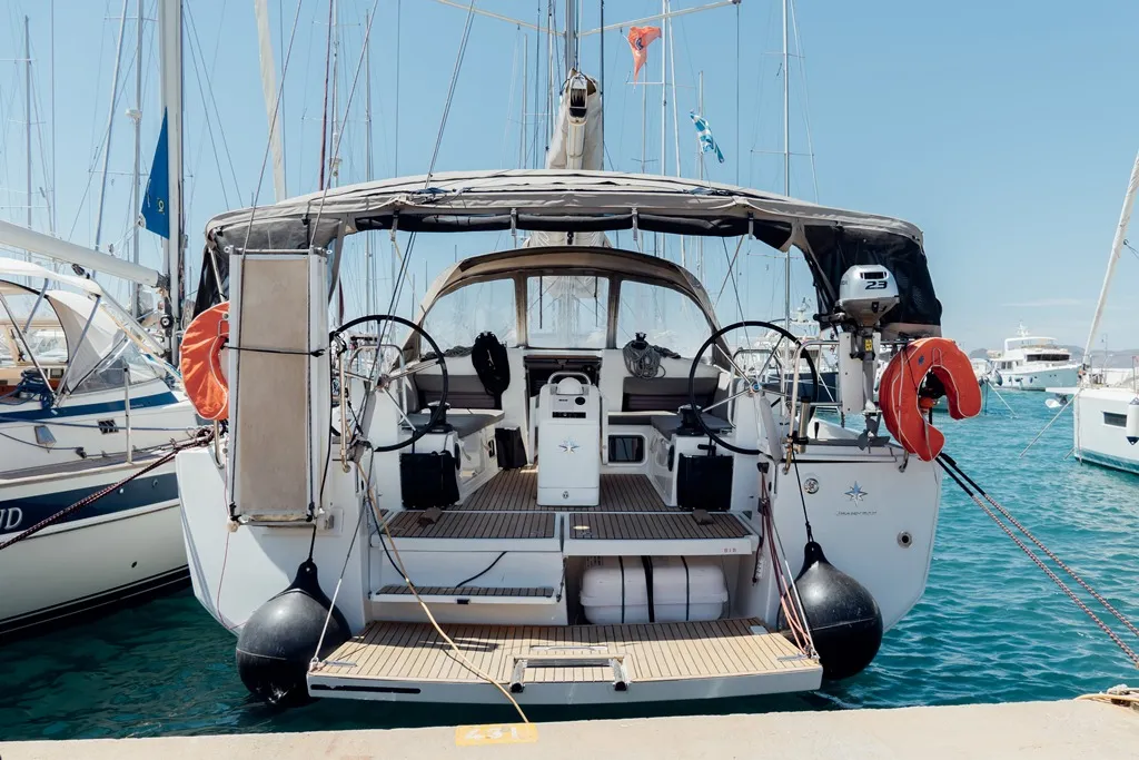 Cockpit of Nimertis, a Jeanneau Sun Odyssey 440 sailboat at Athens, Greece
