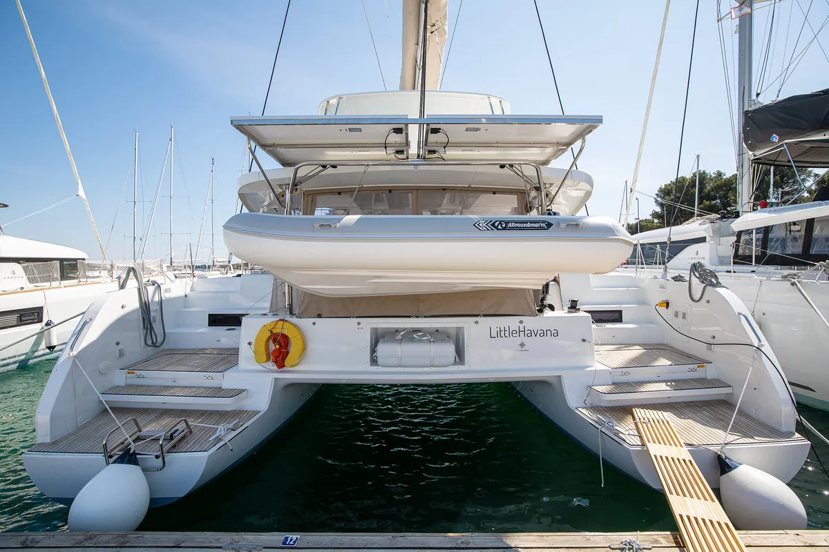 Exterior view of Little Havana, a Lagoon 46 catamaran at Općina Medulin, Croatia