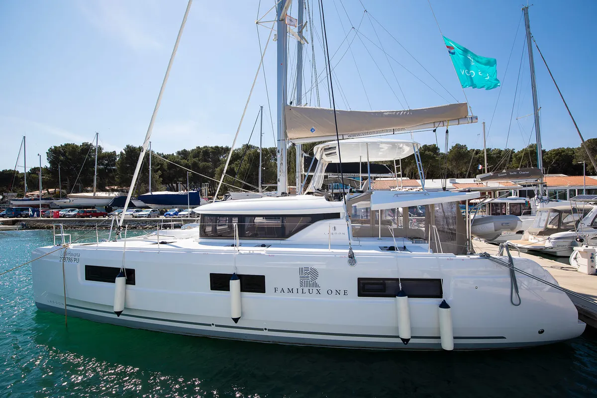 Exterior view of Little Havana, a Lagoon 46 catamaran at Općina Medulin, Croatia