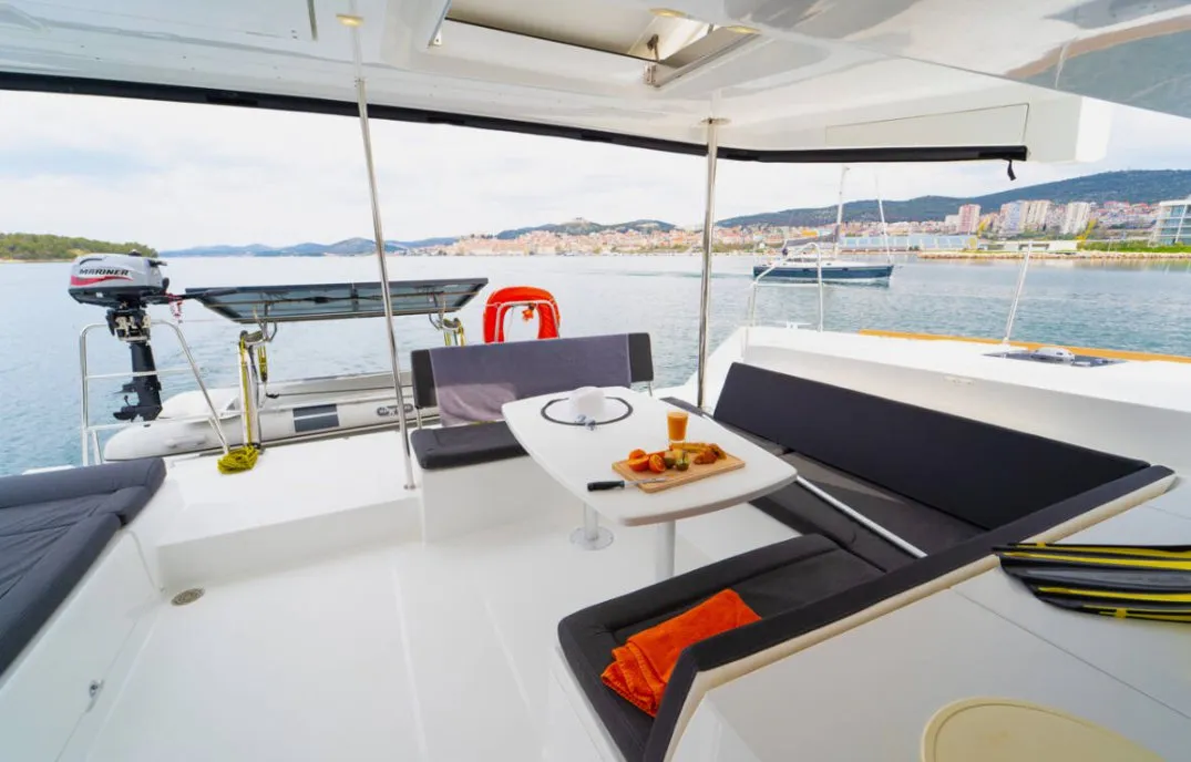 Deck of Julius Cesar III, a Lagoon 450 F catamaran at Općina Rogoznica, Croatia