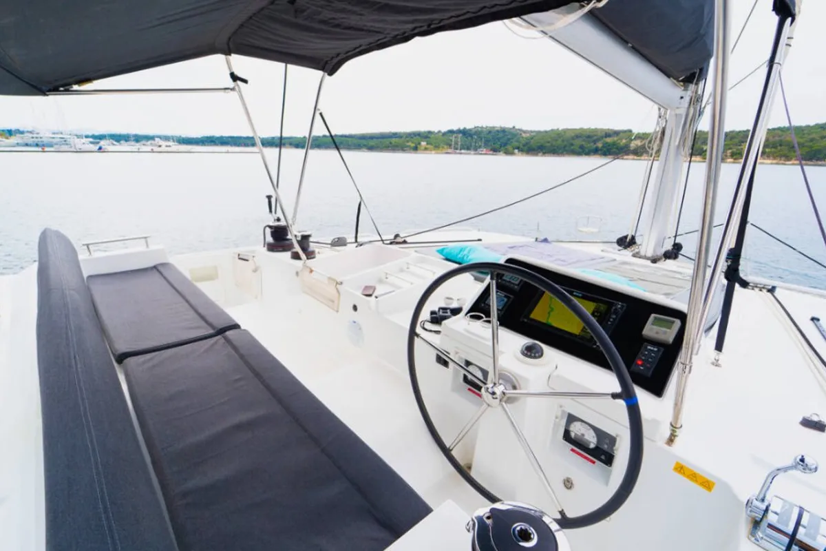 Cockpit of Julius Cesar III, a Lagoon 450 F catamaran at Općina Rogoznica, Croatia