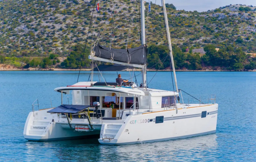 Exterior view of Julius Cesar III, a Lagoon 450 F catamaran at Općina Rogoznica, Croatia