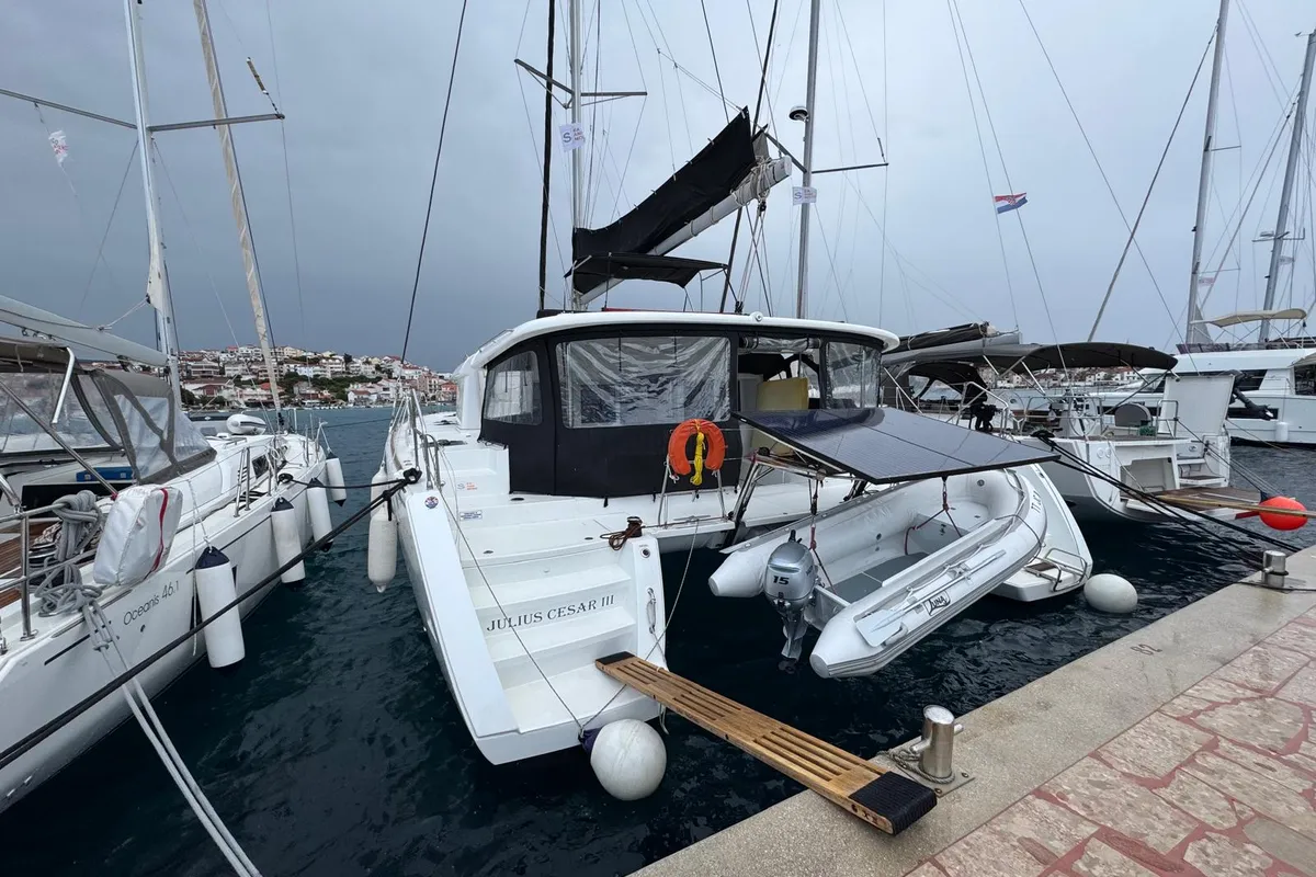 Exterior view of Julius Cesar III, a Lagoon 450 F catamaran at Općina Rogoznica, Croatia
