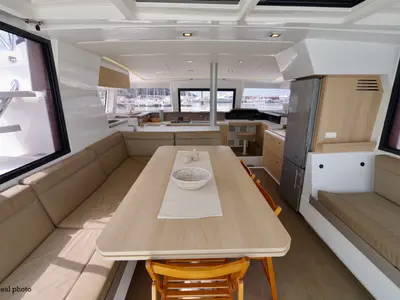 Salon of WEEsail, a Bali 4.1 catamaran at Castellammare di Stabia, Italy