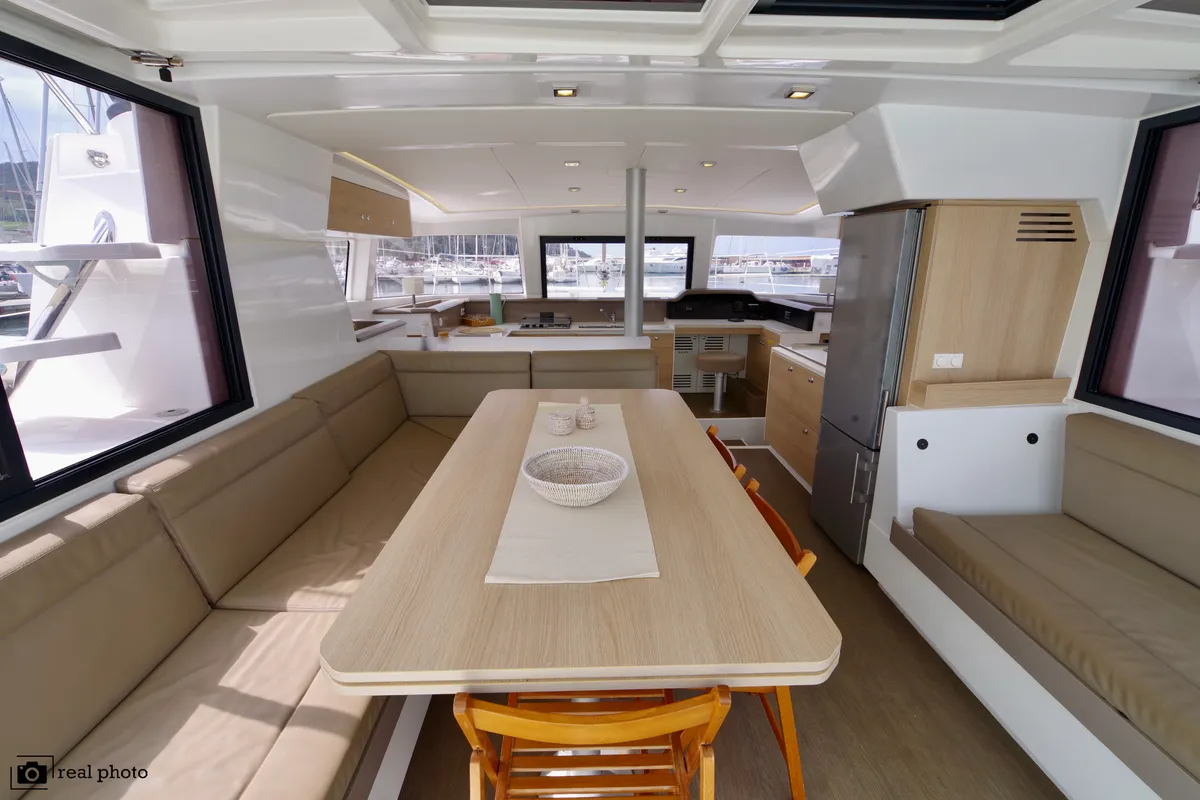 Salon of WEEsail, a Bali 4.1 catamaran at Castellammare di Stabia, Italy