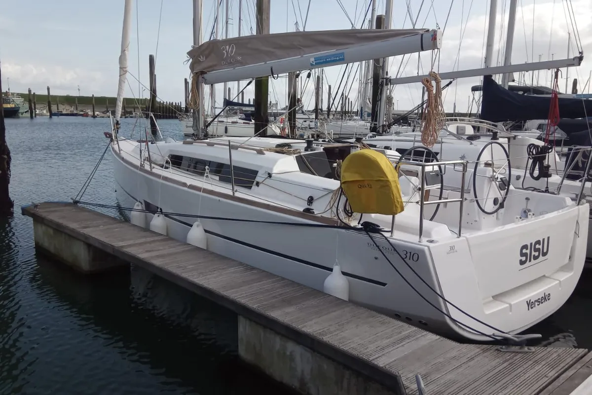 Exterior view of Sisu, a Dufour 310 Grand Large sailboat at Yerseke, Netherlands