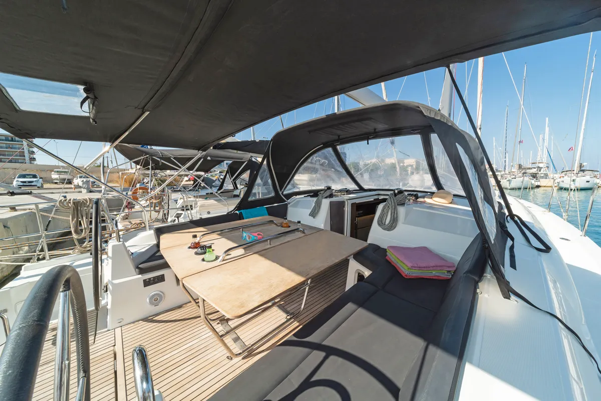 Deck of Mojito, a Beneteau Oceanis 40.1 sailboat at Kos, Greece