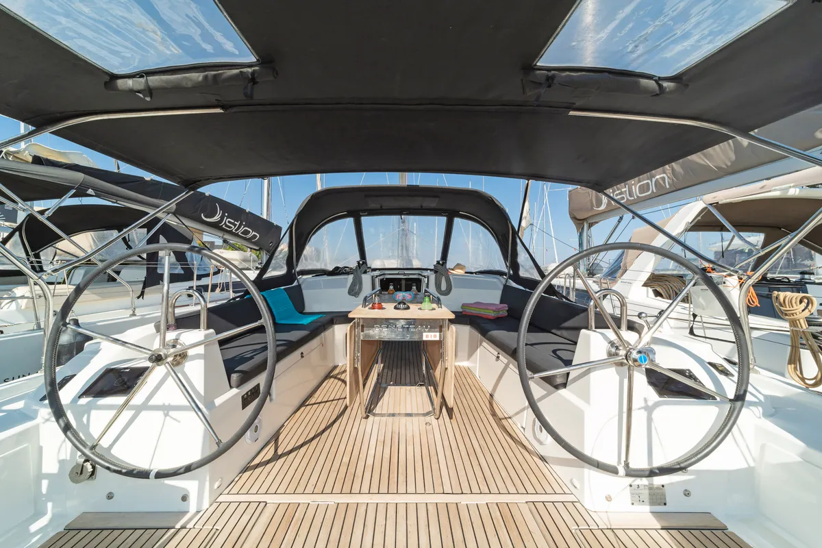 Cockpit of Mojito, a Beneteau Oceanis 40.1 sailboat at Kos, Greece