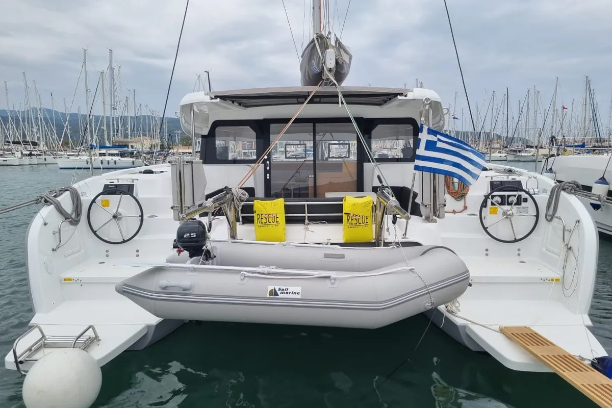 Exterior view of Ad Astra, a Excess 11 catamaran at Preveza, Greece