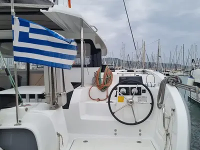 Cockpit of Ad Astra, a Excess 11 catamaran at Preveza, Greece
